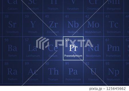 Praseodymium element glowing in a dark periodic table 125645662