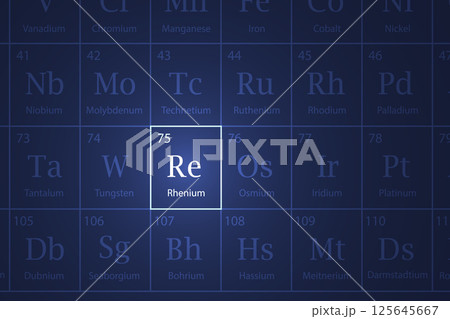 Rhenium element glowing in a dark periodic table Rhenium element glowing in a dark periodic table 125645667