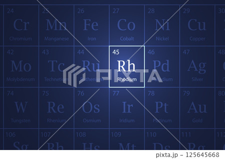 Rhodium element glowing in a dark periodic table Rhodium element glowing in a dark periodic table 125645668