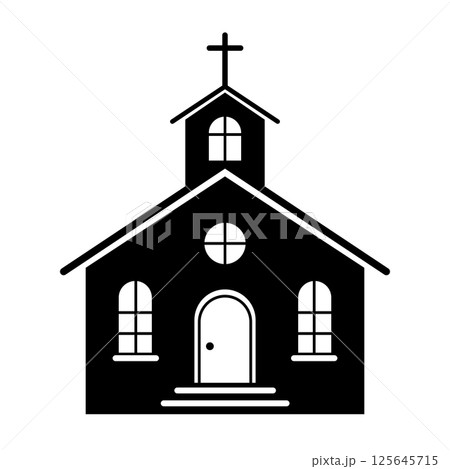 Black Church Silhouette with Windows and Cross 125645715