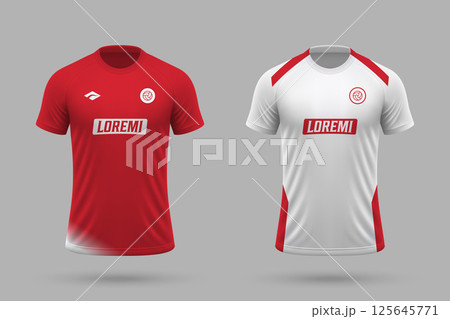 3d realistic soccer home and away jersey in America de Cali style, football kit template 3d realistic soccer home and away jersey in America de Cali style, football kit template 125645771