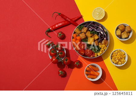 Fried tofu salad with peppers and tomatoes 125645811