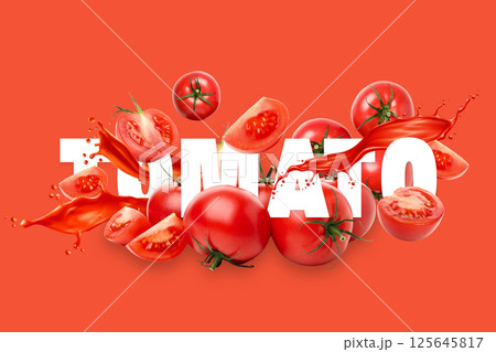 Healthy food, Tomatoes, juice and text "Tomato" on light red background 125645817