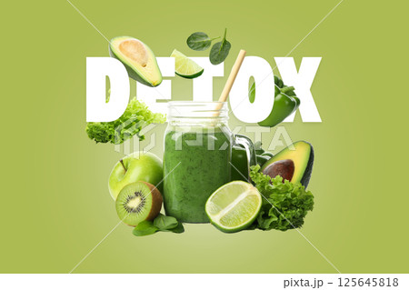 Detox nutrition, Green smoothie, ingredients and text "Detox" on green background 125645818