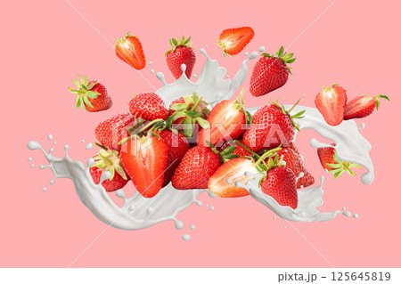 Berries, Strawberries and splashed milk flow on pink background Berries, Strawberries and splashed milk flow on pink background 125645819