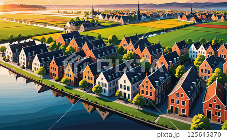 Picturesque Dutch Canal Village at Sunset Picturesque Dutch Canal Village at Sunset 125645870