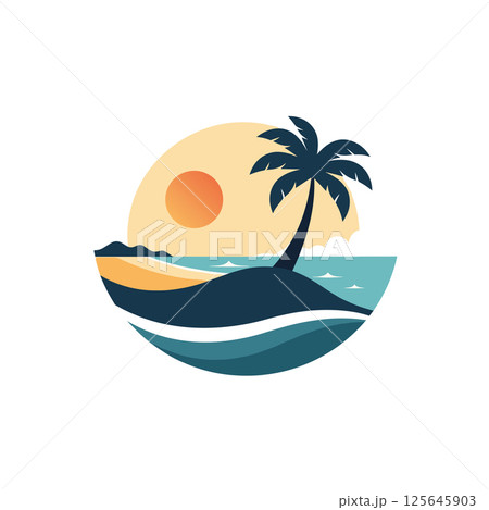 Tropical Sunset Beach Logo with Palm Tree 125645903