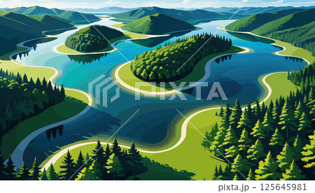 Serpentine River Flowing Through Green Hills Serpentine River Flowing Through Green Hills 125645981