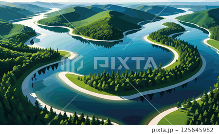 Serpentine River Flowing Through Green Hills 125645982