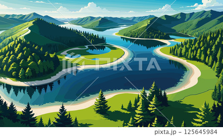 Serpentine River Flowing Through Green Hills Serpentine River Flowing Through Green Hills 125645984