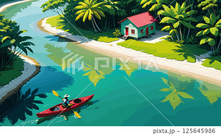 Tropical Kayaking by a Remote Beachside Hut 125645986