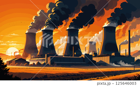 Industrial Power Plant Emitting Thick Smoke at Sunset 125646003