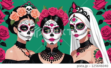 Elegant D?a de los Muertos Catrinas with Floral Crowns 125646040