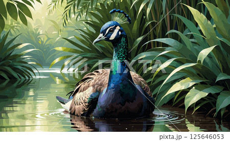 Majestic Peacock in a Tranquil Jungle Pond Majestic Peacock in a Tranquil Jungle Pond 125646053