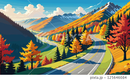 Scenic Mountain Road Surrounded by Vibrant Autumn Foliage 125646084