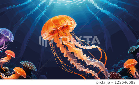 Glowing Jellyfish Floating in Deep Ocean Waters 125646088