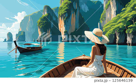 Woman on Wooden Boat Exploring Tropical Lagoon Woman on Wooden Boat Exploring Tropical Lagoon 125646139