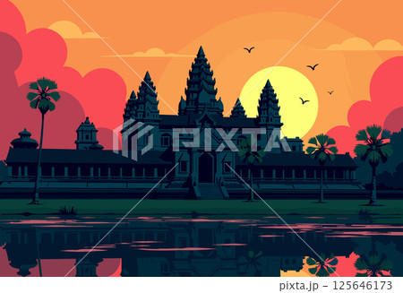 Vibrant Digital Illustration of Angkor Wat at Sunset 125646173