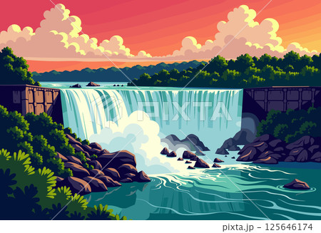 Vibrant Digital Illustration of Niagara Falls at Sunset Vibrant Digital Illustration of Niagara Falls at Sunset 125646174