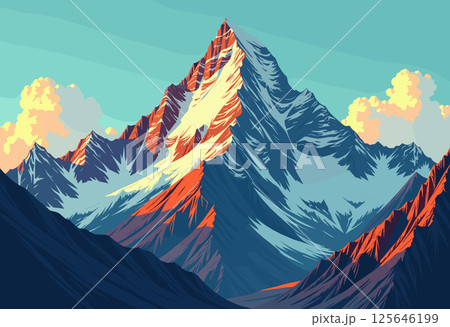 Vibrant Digital Illustration of a Majestic Mountain Range 125646199