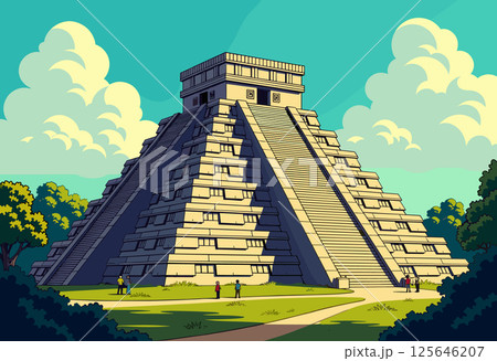 Vibrant Digital Illustration of Chichen Itza Pyramid Vibrant Digital Illustration of Chichen Itza Pyramid 125646207