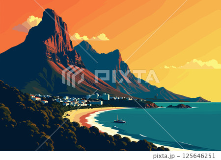 Vibrant Digital Illustration of Table Mountain at Sunset 125646251