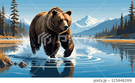 Majestic Brown Bear Walking Through Mountain River 125646269