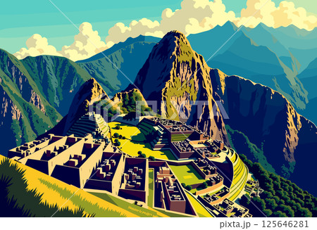 Vibrant Digital Illustration of Machu Picchu, Peru 125646281