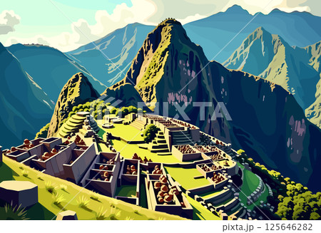 Vibrant Digital Illustration of Machu Picchu, Peru Vibrant Digital Illustration of Machu Picchu, Peru 125646282