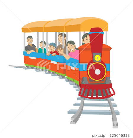 遊園地の汽車を楽しむ家族達 125646338