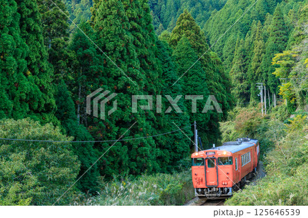 川尻を抜けるオレンジ色の播但線の気動車 125646539