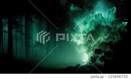 Glowing crystal forest human skull mist night mysterious fantasy eerie green 125646758