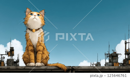 Giant orange cat sitting peacefully on rooftop in futuristic city under blue sky Giant orange cat sitting peacefully on rooftop in futuristic city under blue sky 125646761