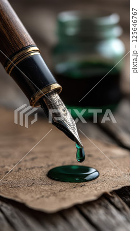 Fountain pen dripping green ink onto paper, creating vivid splash 125646767