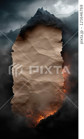 Burning parchment paper with fiery edges and dark smoky background 125646769
