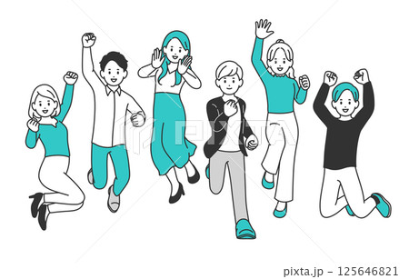 ジャンプする若い男女の全身セット【人物ベクターイラスト素材】 ジャンプする若い男女の全身セット【人物ベクターイラスト素材】 125646821