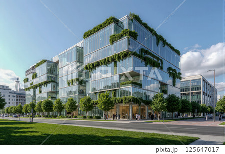 Modern glass office building with green plants on terraces, eco friendly architecture in business district under blue summer sky Modern glass office building with green plants on terraces, eco friendly architecture in business district under blue summer sky 125647017