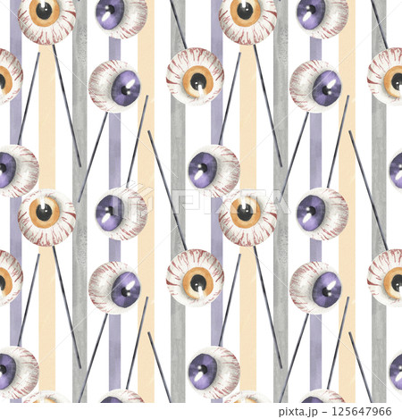 Halloween eye ball lollipops in orange and purple colors watercolor illustration on striped seamless pattern. Hand drawn festive background with kid's candies, sweet food clipart for packing design Halloween eye ball lollipops in orange and purple colors watercolor illustration on striped seamless pattern. Hand drawn festive background with kid's candies, sweet food clipart for packing design 125647966
