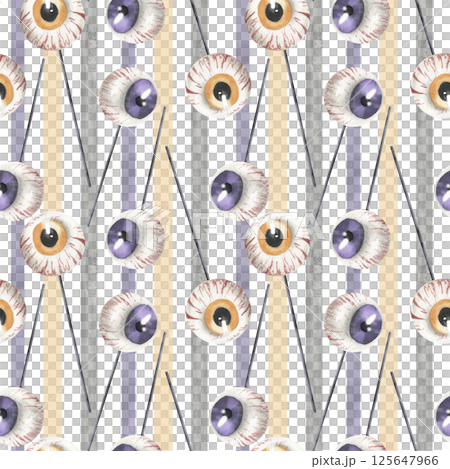 Halloween eye ball lollipops in orange and purple colors watercolor illustration on striped seamless pattern. Hand drawn festive background with kid's candies, sweet food clipart for packing design Halloween eye ball lollipops in orange and purple colors watercolor illustration on striped seamless pattern. Hand drawn festive background with kid's candies, sweet food clipart for packing design 125647966