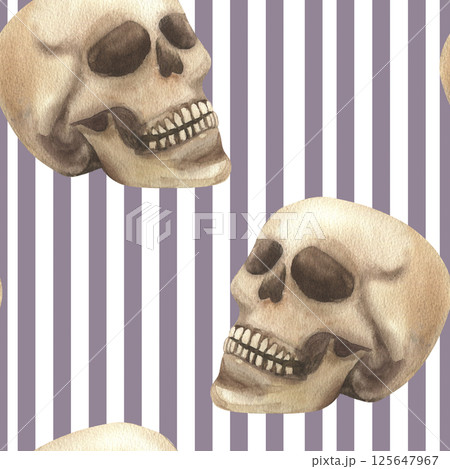 Human skull watercolor illustration on purple striped seamless pattern. Hand drawn Halloween background with body parts and geometric abstract elements for packing,wrapping,wallpaper design 125647967