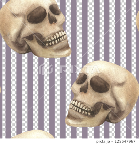 Human skull watercolor illustration on purple striped seamless pattern. Hand drawn Halloween background with body parts and geometric abstract elements for packing,wrapping,wallpaper design 125647967