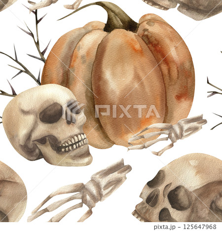 Orange pumpkin,human skull,hand bone and thorns watercolor seamless pattern. Hand drawn Halloween gothic background with scary elements, esoteric repeated clipart for packing,textile, fabric design Orange pumpkin,human skull,hand bone and thorns watercolor seamless pattern. Hand drawn Halloween gothic background with scary elements, esoteric repeated clipart for packing,textile, fabric design 125647968