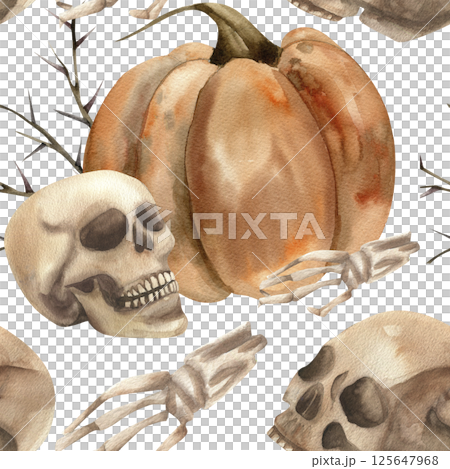 Orange pumpkin,human skull,hand bone and thorns watercolor seamless pattern. Hand drawn Halloween gothic background with scary elements, esoteric repeated clipart for packing,textile, fabric design Orange pumpkin,human skull,hand bone and thorns watercolor seamless pattern. Hand drawn Halloween gothic background with scary elements, esoteric repeated clipart for packing,textile, fabric design 125647968