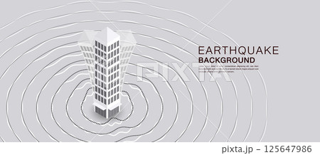 Earthquake concept with abstract shockwave lines around a central skyscraper. Modern isometric design for seismic event or natural disaster theme. 125647986
