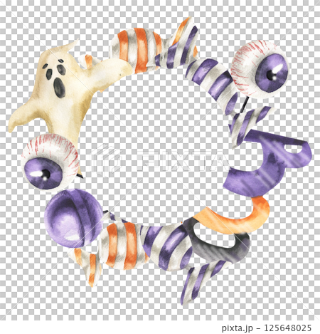 Striped orange and purple candies,scary eye ball, mystery ghost and Boo characters watercolor frame. Hand drawn Halloween template with sweets and lollipops for seasonal packing,poster,card design 125648025