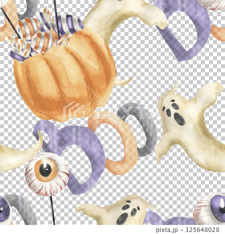 Pumpkin backet with candies and scary eye lollipops,flying ghost and Halloween traditional Boo characters seamless pattern. Kid's trick or treat background for seasonal packing, wrapping design Pumpkin backet with candies and scary eye lollipops,flying ghost and Halloween traditional Boo characters seamless pattern. Kid's trick or treat background for seasonal packing, wrapping design 125648028