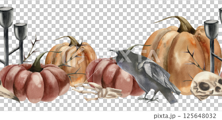 Autumn Halloween seamless border with orange and red pumpkins,black raven bird,skull and candlesticks watercolor illustration. Hand drawn gothic banner with bones and dead symbol for concept design 125648032