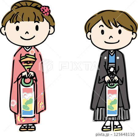 七五三で千歳飴を持った男の子と女の子 125648110