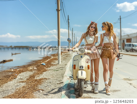 バイクで旅行する女性のイメージ素材 バイクで旅行する女性のイメージ素材 125648203