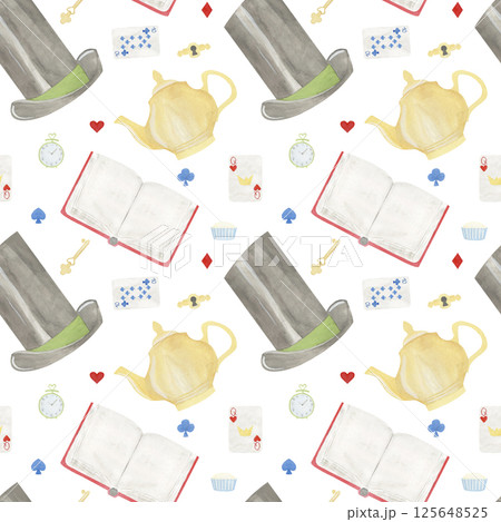 Watercolor seamless pattern top hot, key, clock, teapot, book, playing cards, keyhole isolated on white background. wonderland. For childish fabric, wallpaper, birthday cards, invitations, scrapbook. Watercolor seamless pattern top hot, key, clock, teapot, book, playing cards, keyhole isolated on white background. wonderland. For childish fabric, wallpaper, birthday cards, invitations, scrapbook. 125648525